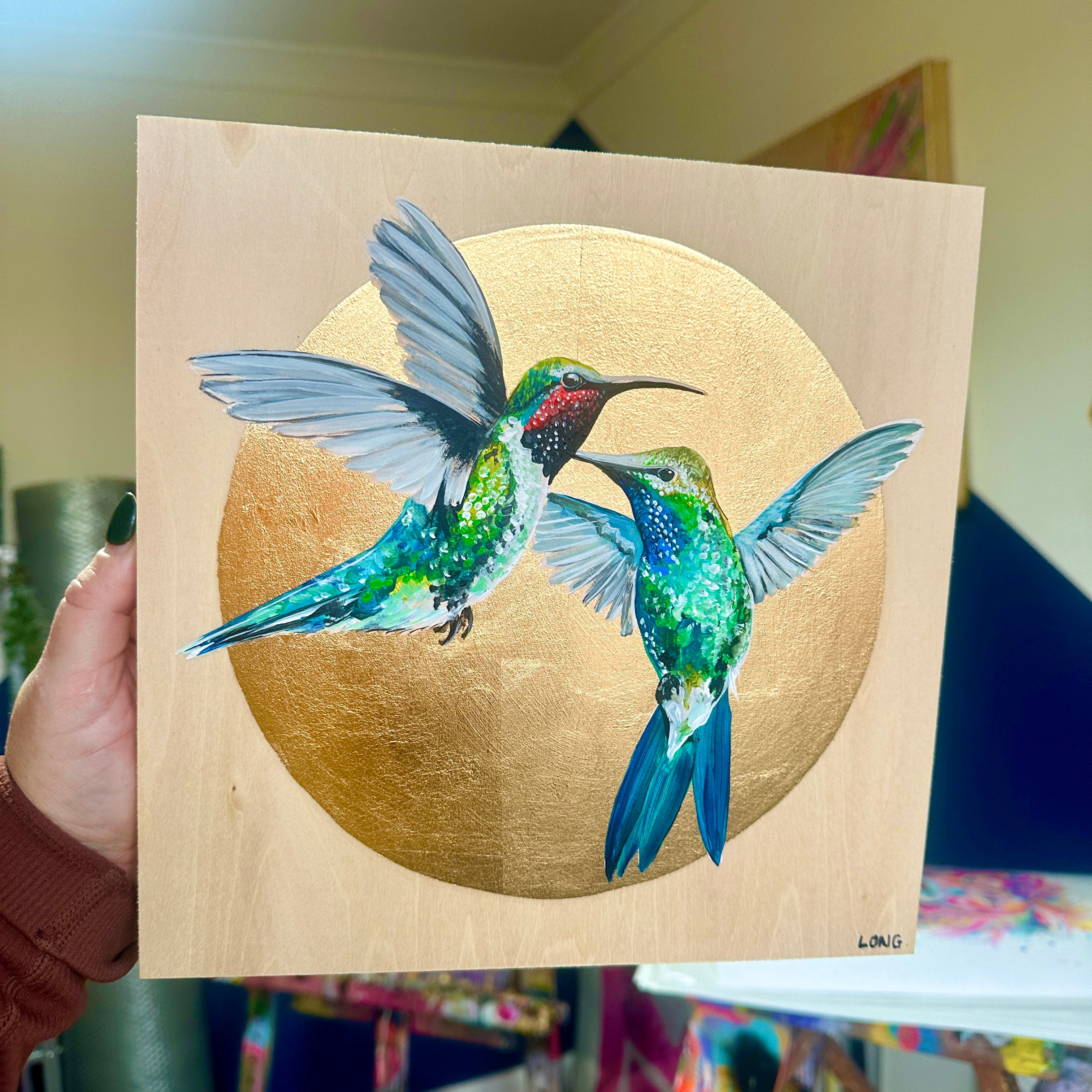 HUMMINGBIRDS on Gold Leaf wooden canvas ORIGINAL