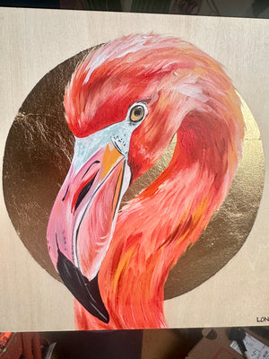 FLAMINGO on Gold Leaf wooden canvas ORIGINAL