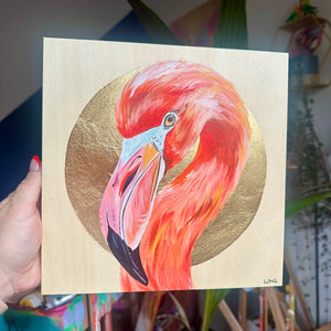 FLAMINGO on Gold Leaf wooden canvas ORIGINAL