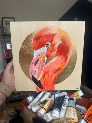 FLAMINGO on Gold Leaf wooden canvas ORIGINAL