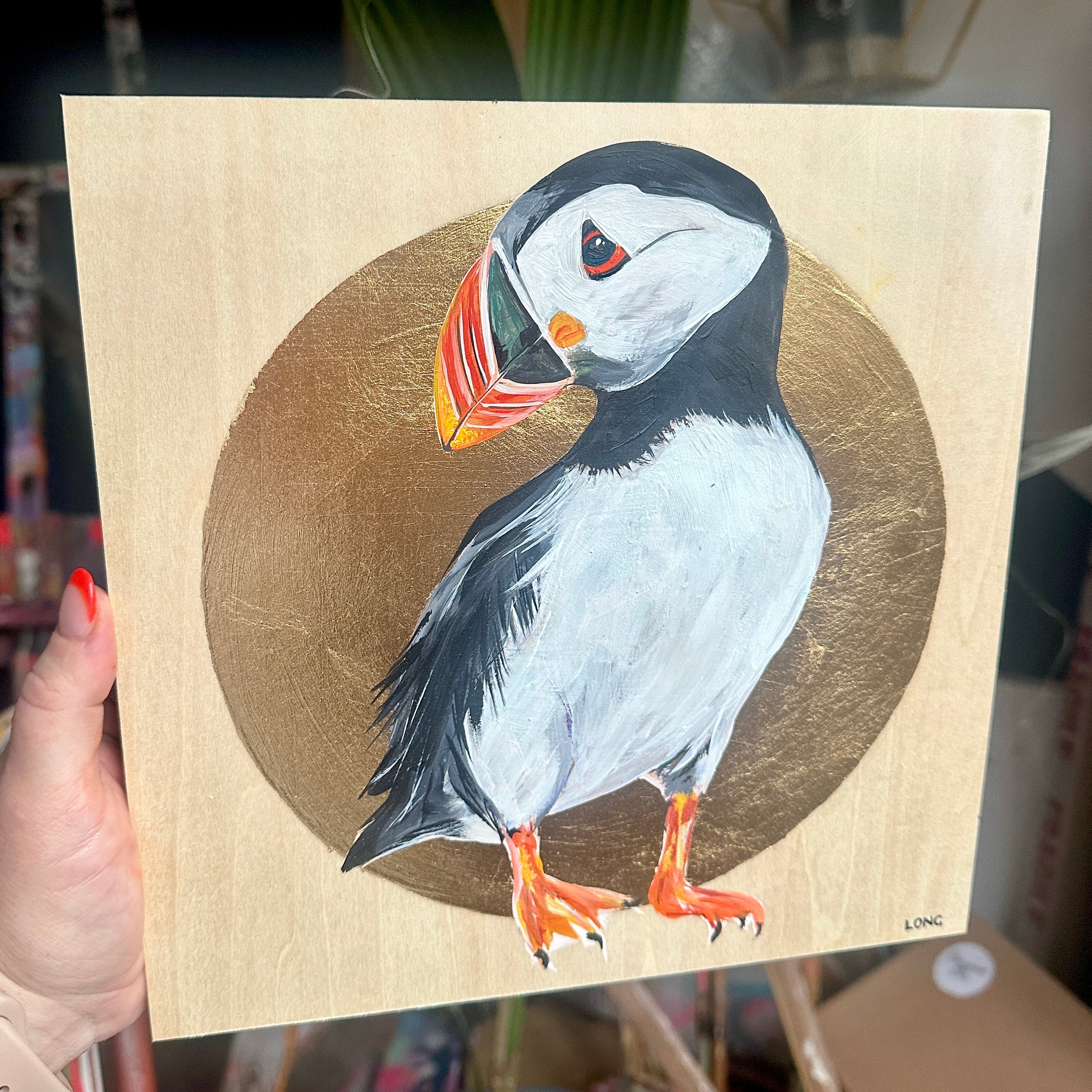 PUFFIN on Gold Leaf wooden canvas ORIGINAL