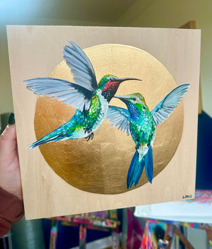 HUMMINGBIRDS on Gold Leaf wooden canvas ORIGINAL