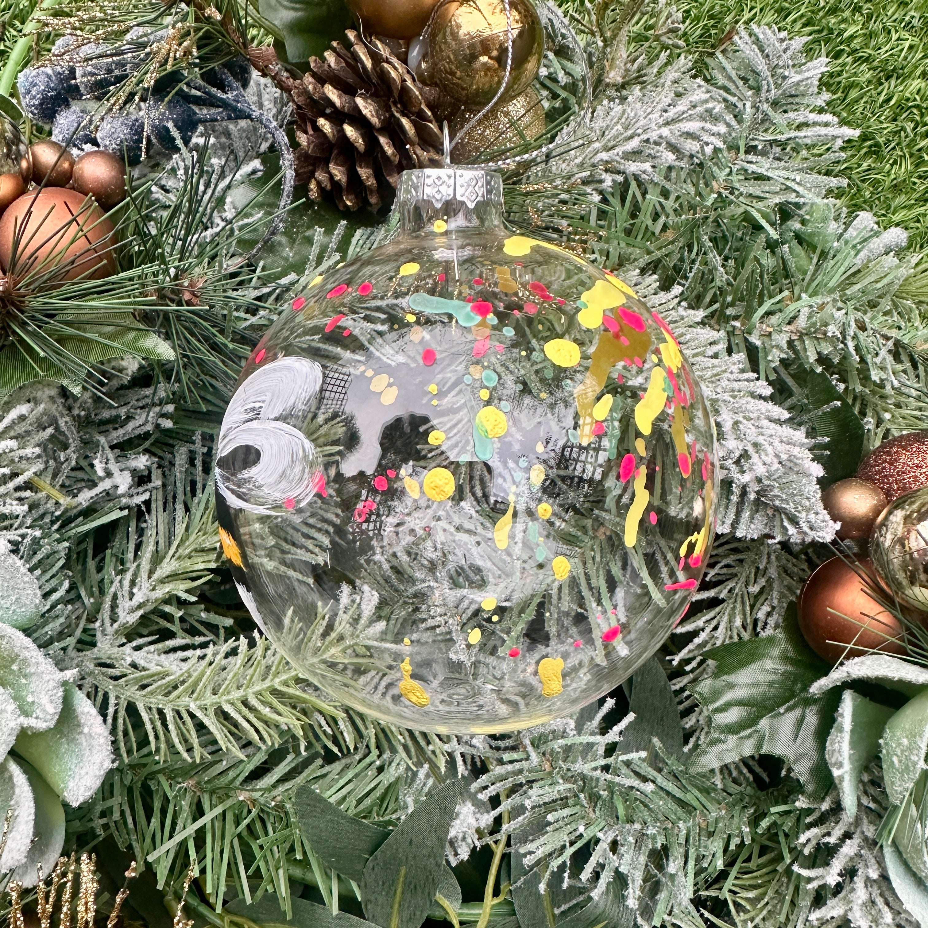 BEEE BAUBLES - with multicoloured spray paint splats