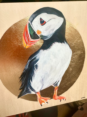 PUFFIN on Gold Leaf wooden canvas ORIGINAL