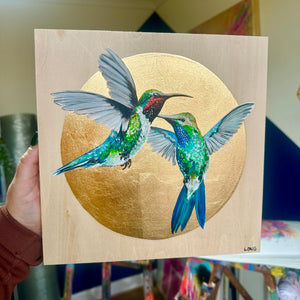 HUMMINGBIRDS on Gold Leaf wooden canvas ORIGINAL