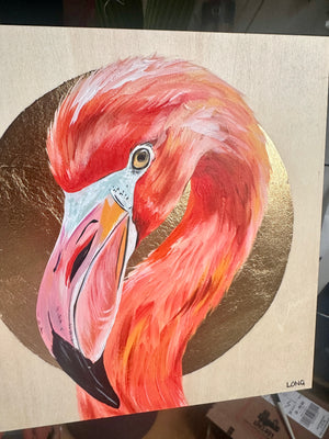 FLAMINGO on Gold Leaf wooden canvas ORIGINAL