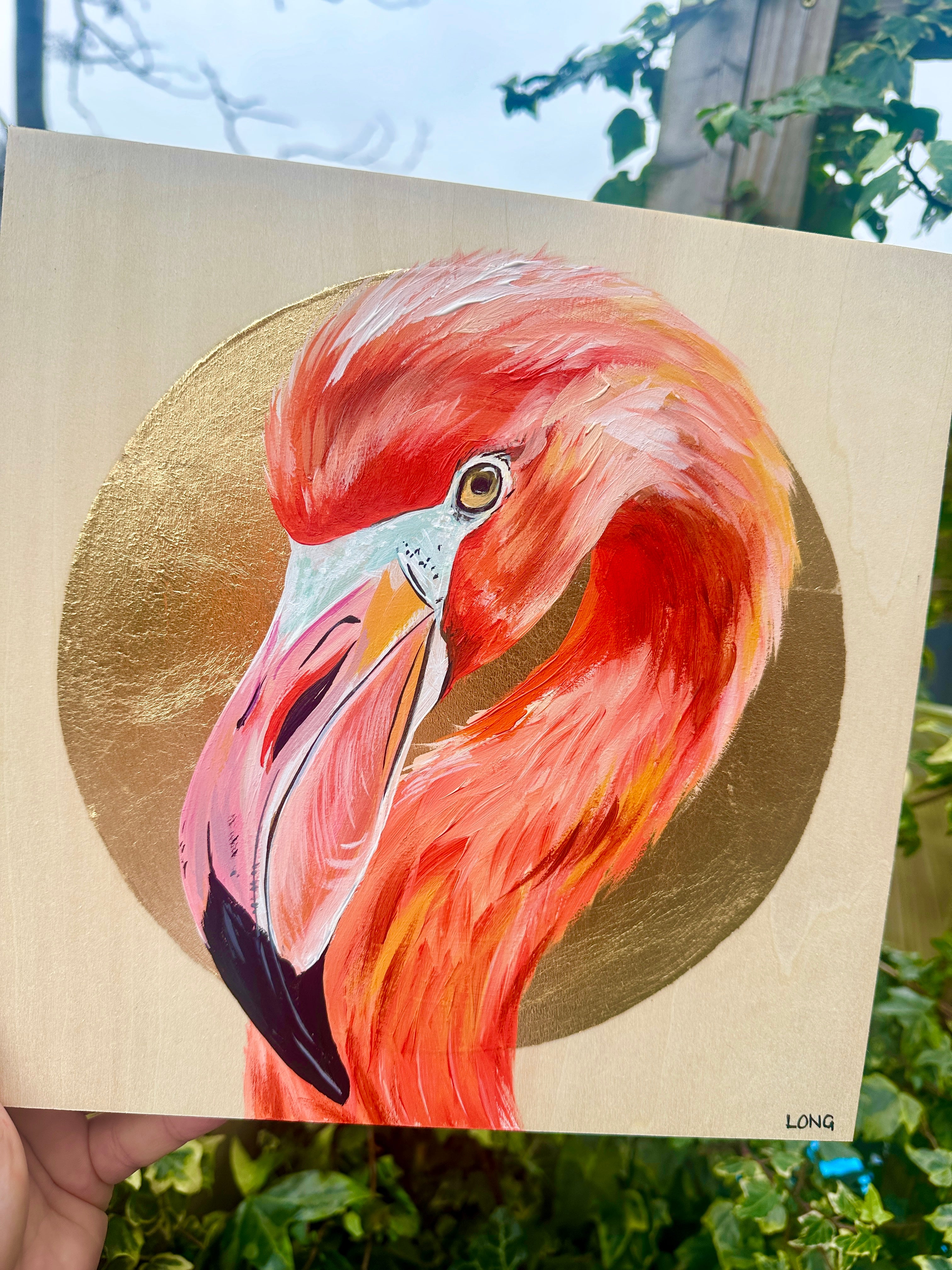 FLAMINGO on Gold Leaf wooden canvas ORIGINAL