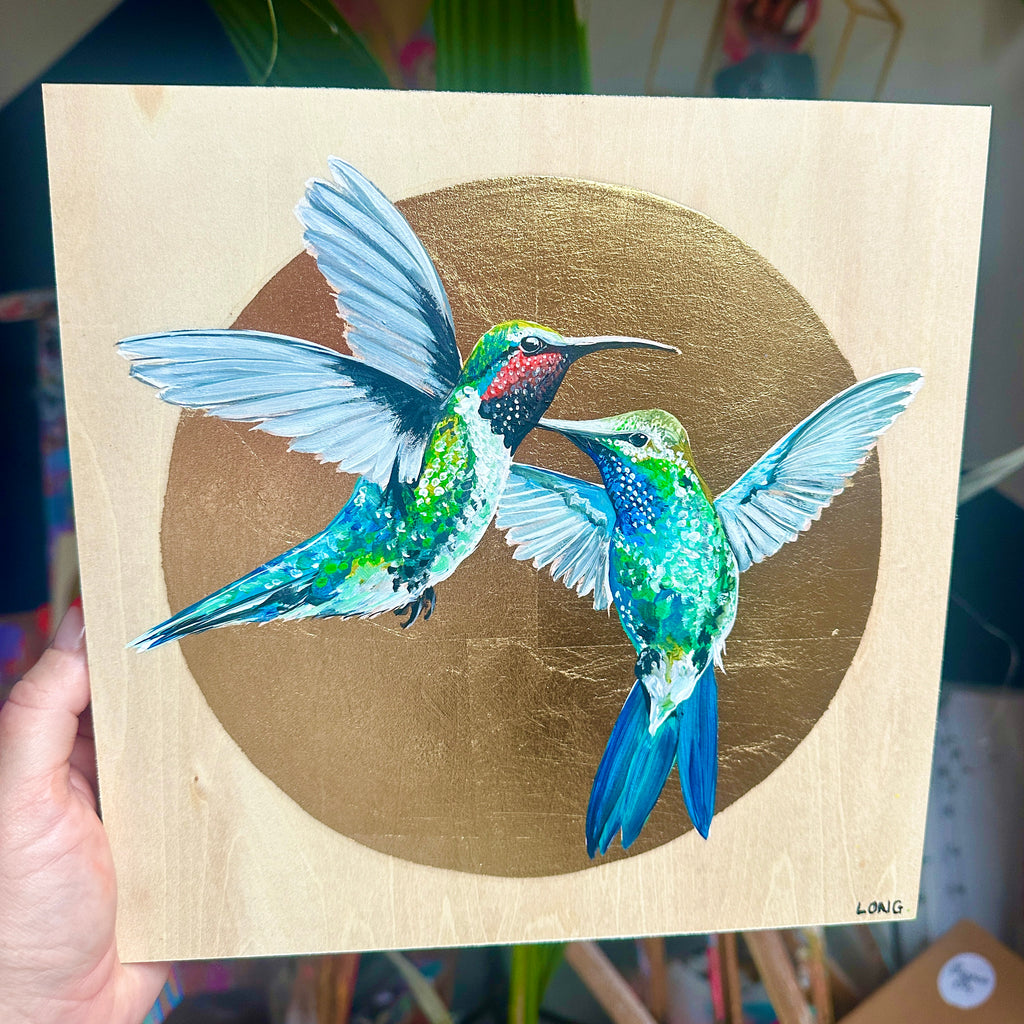 HUMMINGBIRDS on Gold Leaf wooden canvas ORIGINAL