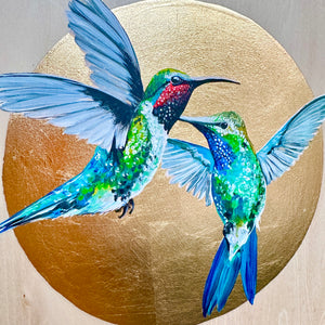 HUMMINGBIRDS on Gold Leaf wooden canvas ORIGINAL