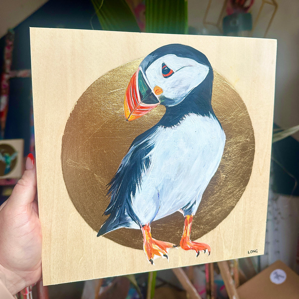 PUFFIN on Gold Leaf wooden canvas ORIGINAL