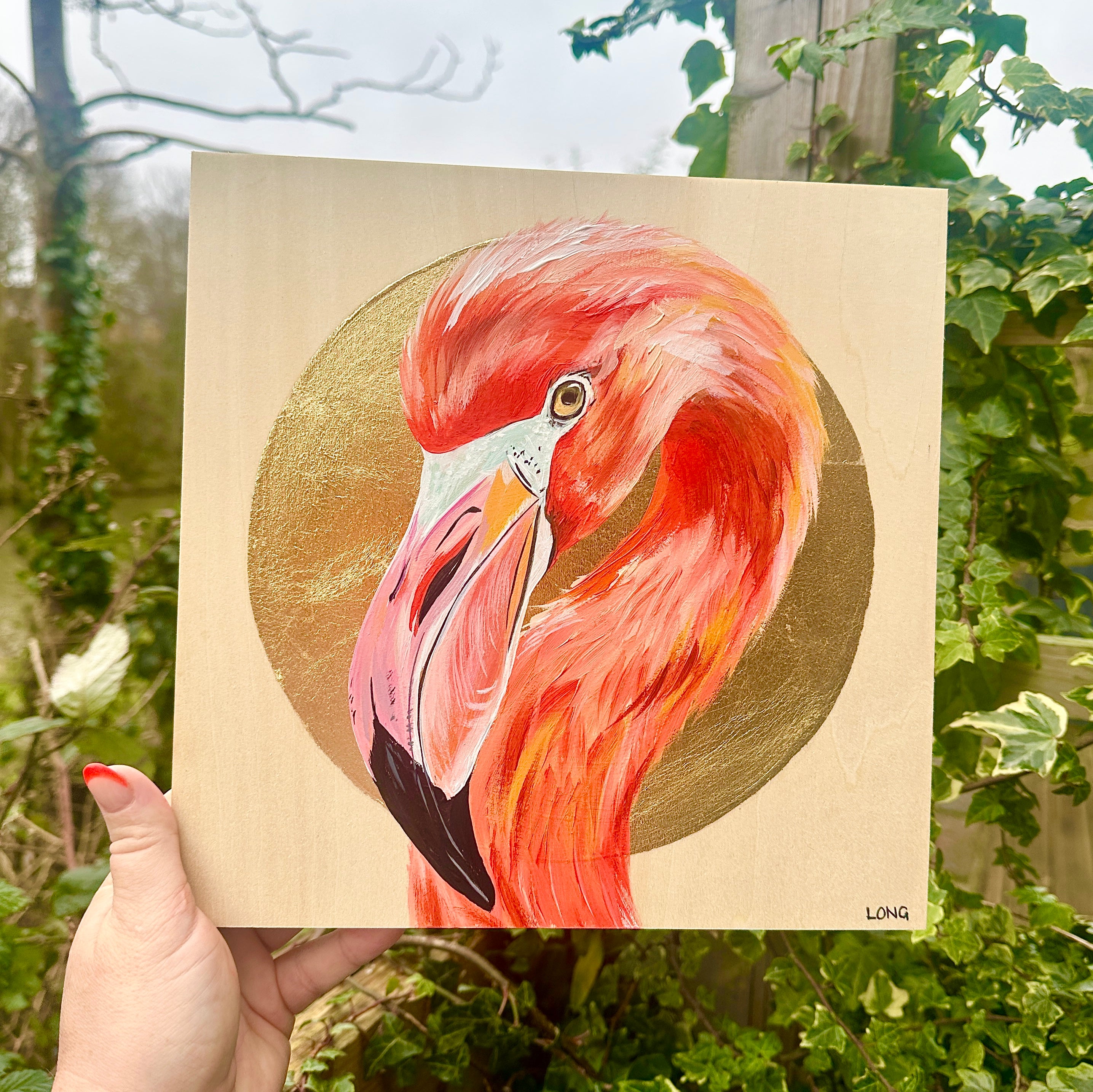 FLAMINGO on Gold Leaf wooden canvas ORIGINAL