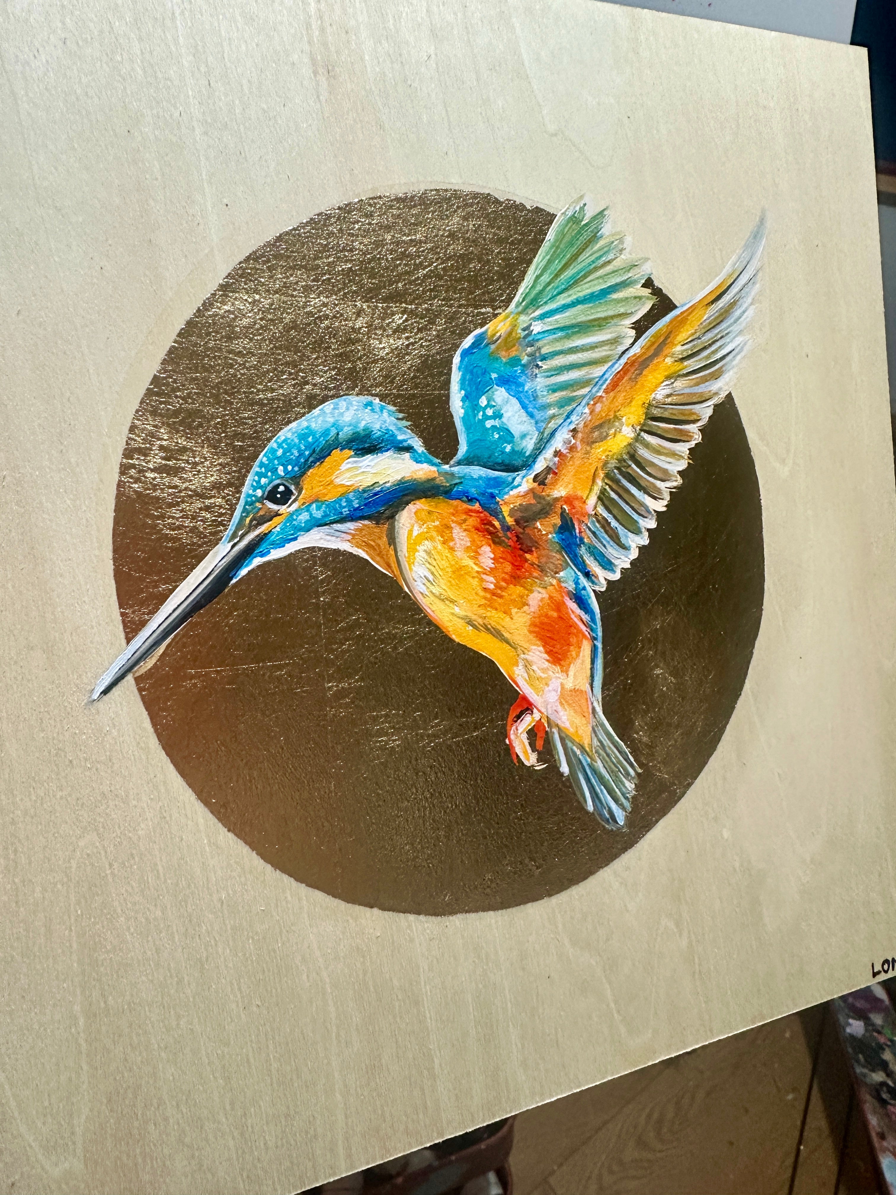 KINGFISHER on Gold Leaf wooden canvas ORIGINAL