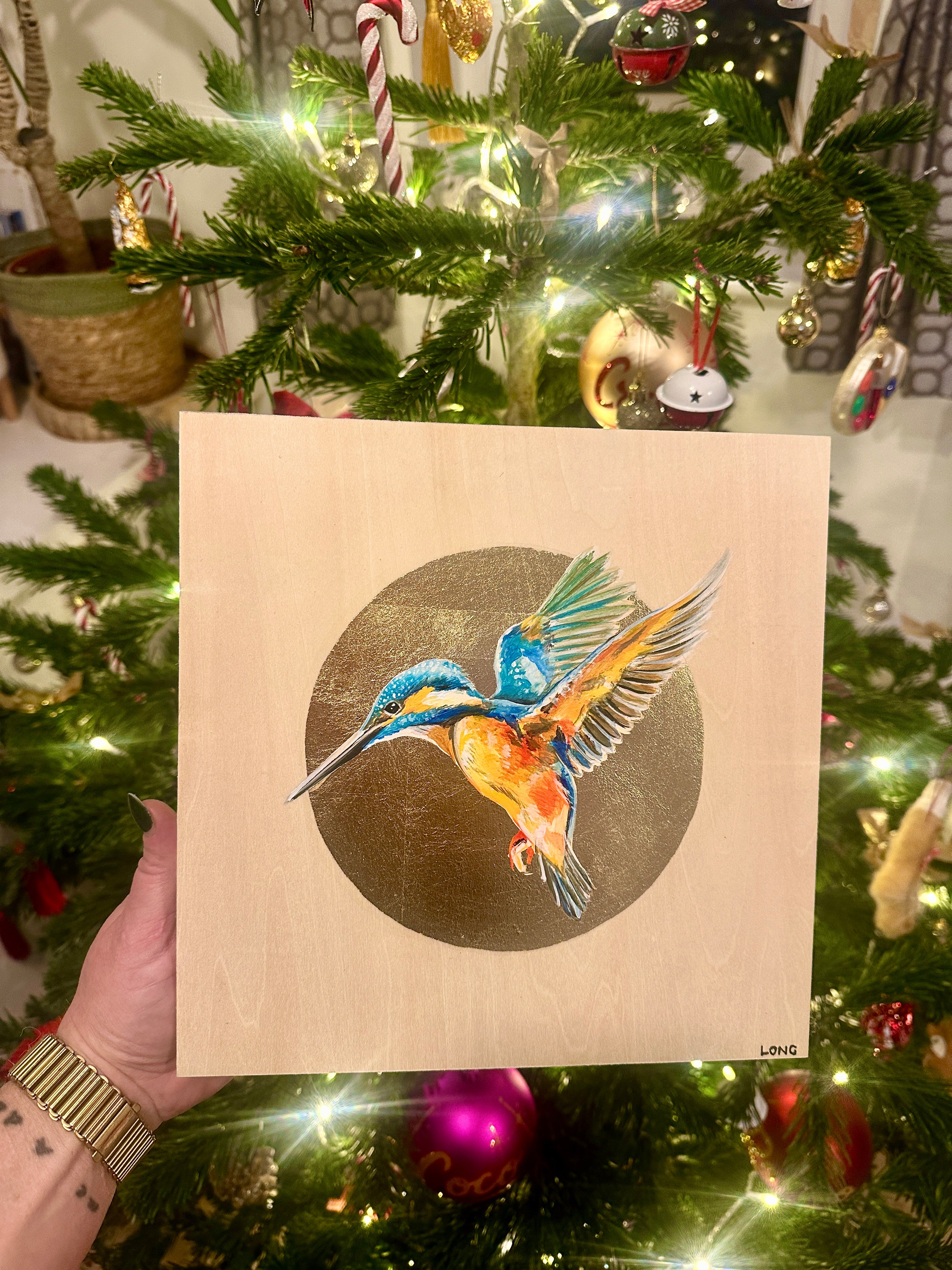 KINGFISHER on Gold Leaf wooden canvas ORIGINAL