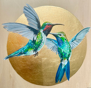 HUMMINGBIRDS on Gold Leaf wooden canvas ORIGINAL